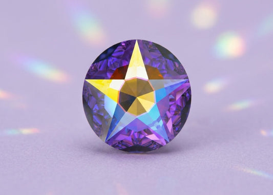 Multicolored gemstone on a light purple background. SS12 Swarovski Crystal AB | Flatback Crystals | 2100 Star Rose