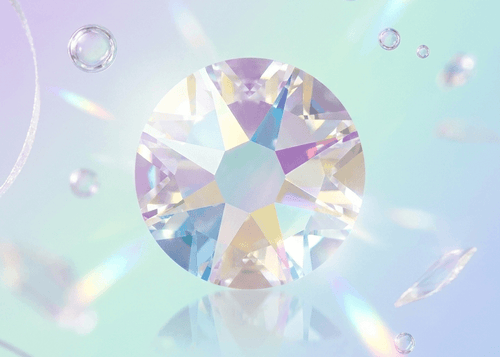 Crystal-like gemstone with rainbow on a pastel gradient background. SS12 Crystal AB | Flatback Nail Crystals | Genuine 2088 Rhinestones
