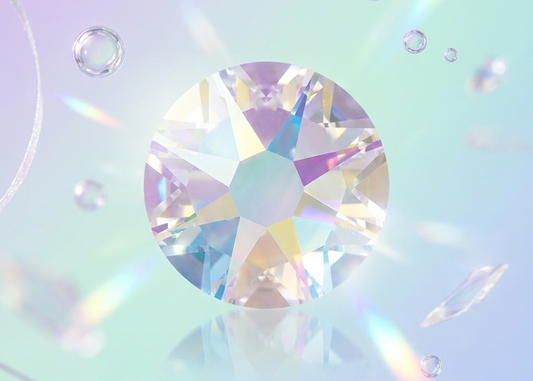 Crystal-like gemstone with rainbow on a pastel gradient background. SS12 Crystal AB | Flatback Nail Crystals | Genuine 2088 Rhinestones