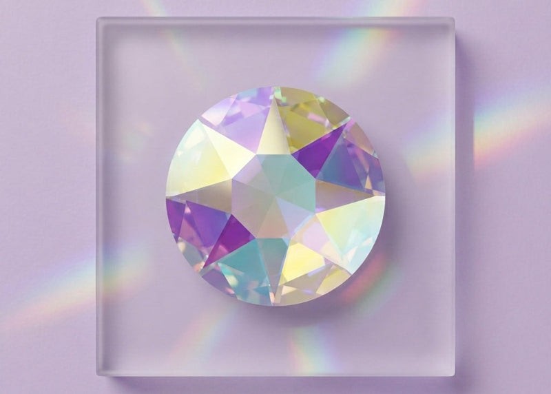 Multicolored SS20 Crystal AB Swarovski Crystals in a clear square frame on a light purple background