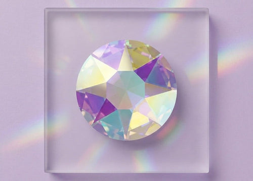 Multicolored SS20 Crystal AB Swarovski Crystals in a clear square frame on a light purple background