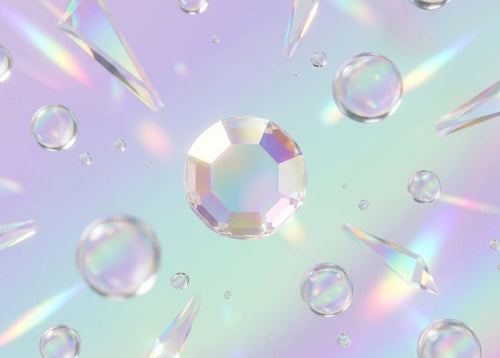 Iridescent crystal-like shapes on a pastel gradient background.SS4 Crystal AB | Flatback Crystals | Genuine 2000 Rhinestones