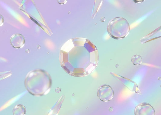 Iridescent crystal-like shapes on a pastel gradient background.SS4 Crystal AB | Flatback Crystals | Genuine 2000 Rhinestones