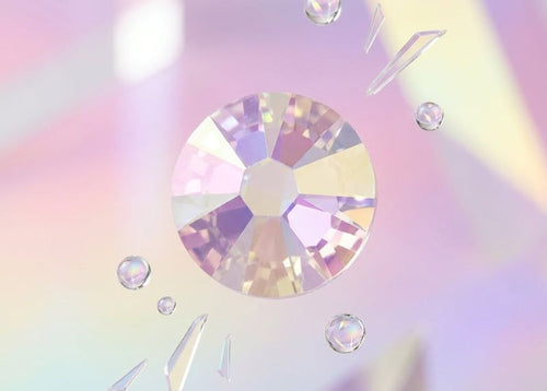 SS8 Crystal AB Swarovski Crystals on a pastel gradient background