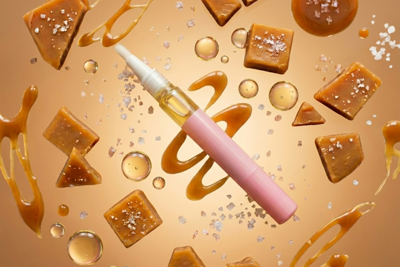 Pink salted caramel cuticle oil pen with caramel pieces and syrup on a gold background