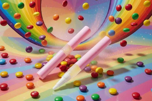 Skittles cuticle oil pen surrounded by scattered candy, non-greasy scented nail serum for daily hydration