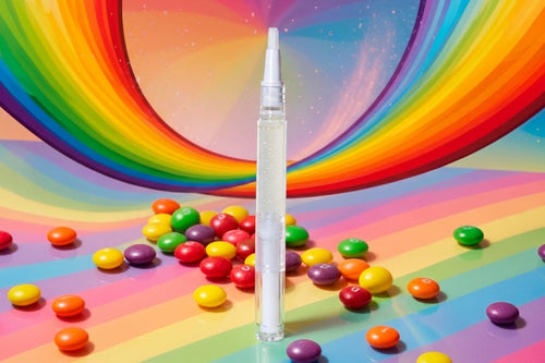 A clear cylindrical cosmetic tube with a white applicator tip stands upright on a rainbow-striped surface, surrounded by scattered colorful candy-coated chocolates, with a large rainbow spiral backdrop.