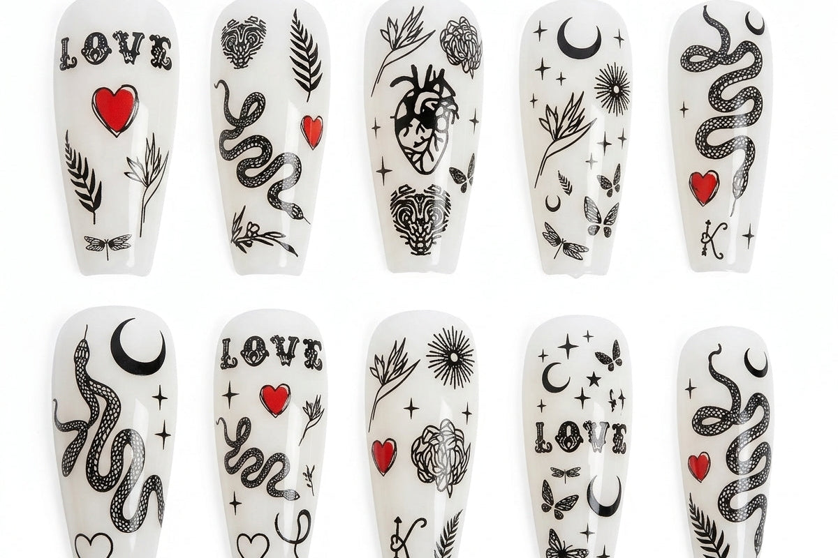 snakes and heart waterslide nails