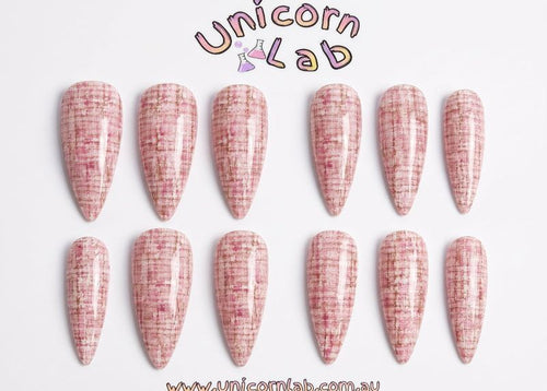 Row of pink checkered nail art designs on a white background with 'Unicorn Lab' branding. Soft Pink Tweed Waterslide Decals