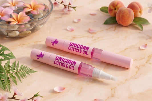 Two pink applicator tubes labeled 'UNICORN CUTICLE OIL' with white tips, arranged on a light marble surface with peach blossoms, flowers, green leaves, and peaches around them.