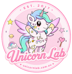 Circular logo for Unicorn Lab with a cartoon unicorn character on a pink background.