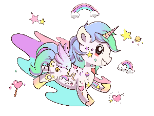Colorful cartoon unicorn with rainbow hair and pastel elements on a white background