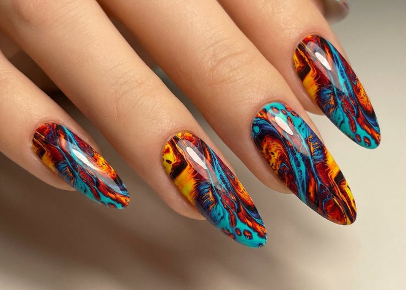 Colorful nail art on a neutral background