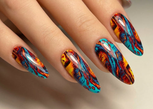 Colorful nail art on a neutral background