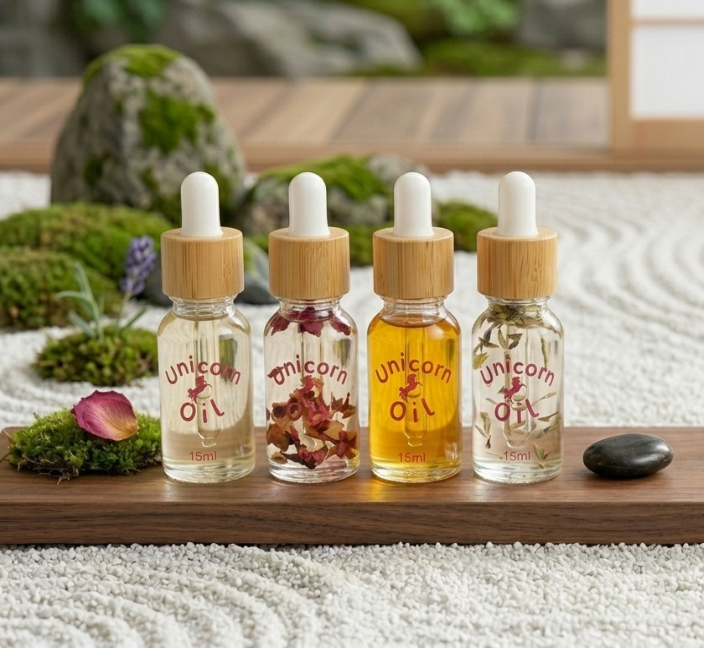Five bottles of 'Unicorn' products on a wooden tray with a zen garden background