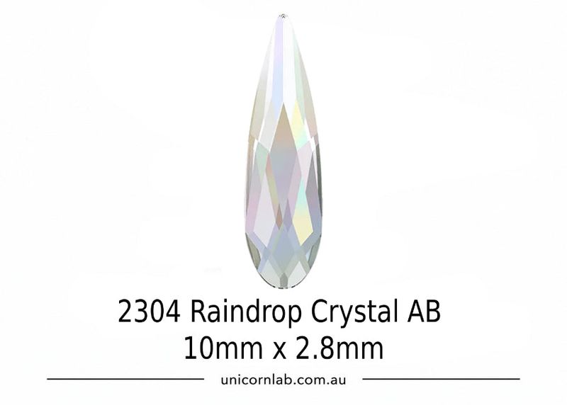 Swarovski Teardrop-shaped crystal AB with size 10mm x 2.8mm on a white background, branded 'unicornlab.com.au'.