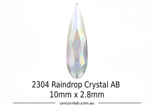Swarovski Teardrop-shaped crystal AB with size 10mm x 2.8mm on a white background, branded 'unicornlab.com.au'.