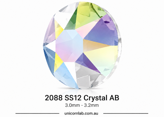 Multicolored crystal with '2088 SS20 Crystal AB' label on a white background. Genuine Swarovski SS12 Crystal AB flatback nail crystals
