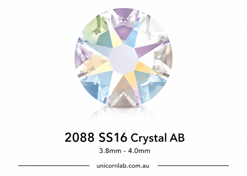 Multicolored crystal gemstone with size specifications on a white background. Swarovski 2088 Rhinestones