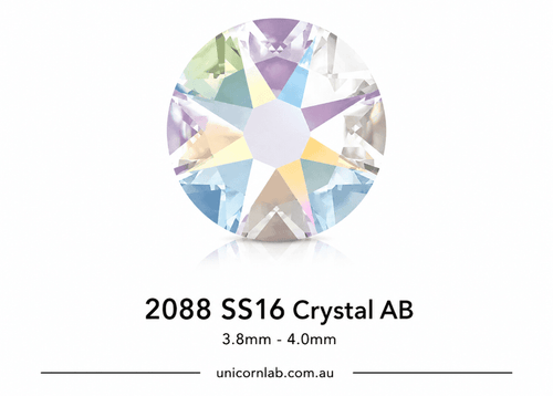 Multicolored crystal gemstone with size specifications on a white background. Swarovski 2088 Rhinestones