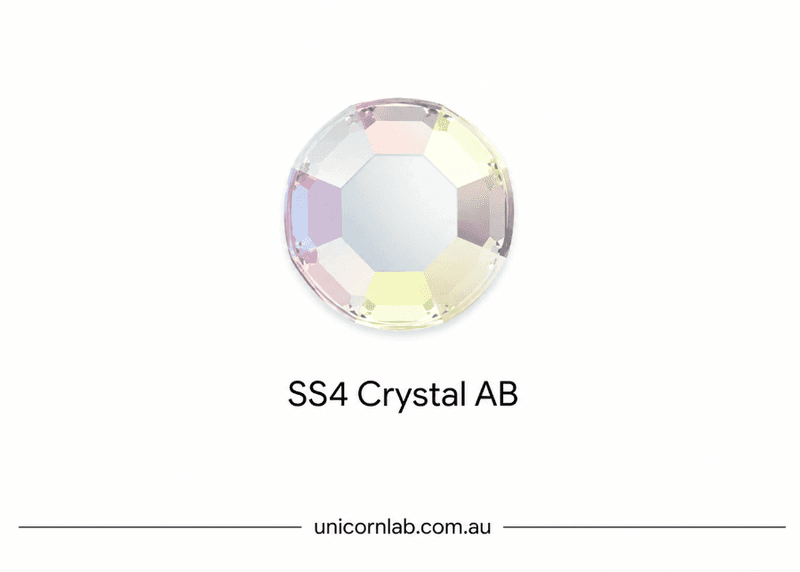 Crystal AB gemstone with 'SS4' designation on a white background, branded 'unicornlab.com.au'. Genuine Swarovski SS4 Crystal AB flatback crystals