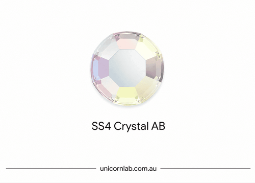 Crystal AB gemstone with 'SS4' designation on a white background, branded 'unicornlab.com.au'. Genuine Swarovski SS4 Crystal AB flatback crystals