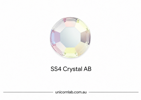 Crystal AB gemstone with 'SS4' designation on a white background, branded 'unicornlab.com.au'. Genuine Swarovski SS4 Crystal AB flatback crystals