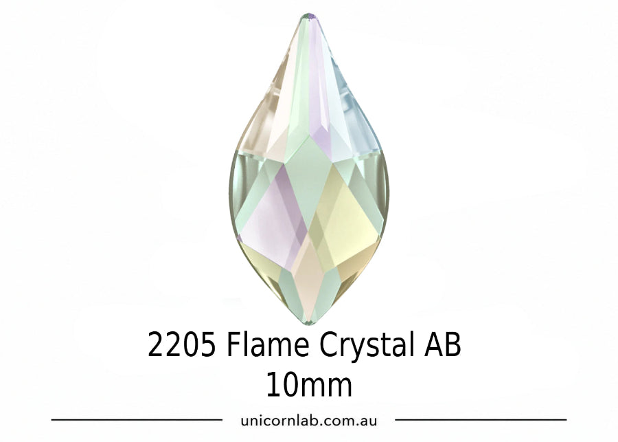Teardrop-shaped crystal with '2205 Flame Crystal AB 10mm' text and unicornlab.com.au branding on a white background. Swarovski Crystal