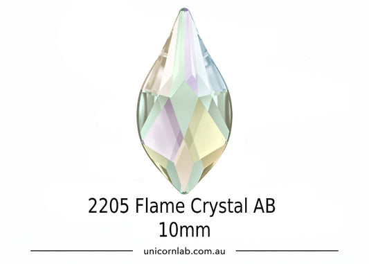 Teardrop-shaped crystal with '2205 Flame Crystal AB 10mm' text and unicornlab.com.au branding on a white background. Swarovski Crystal