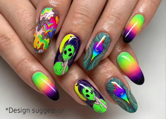 Colorful and intricately designed nails with a rainbow gradient on a neutral background