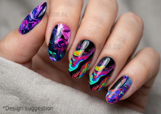 Nails with colorful abstract design on a neutral background
