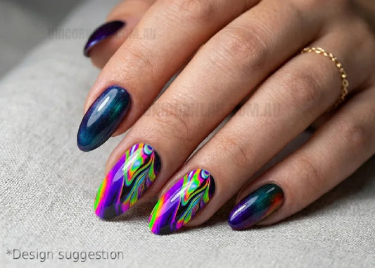Hand with colorful nail design on a neutral background