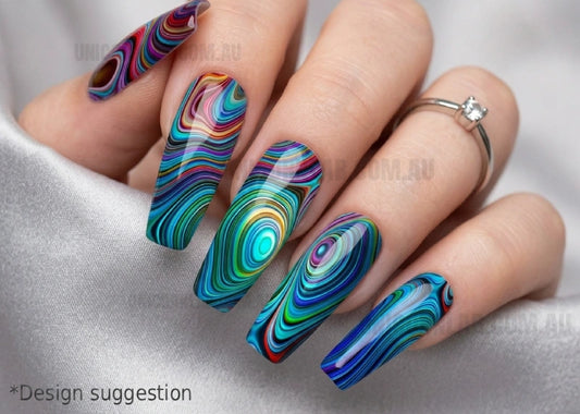Multicolored water marble nail design on a neutral background