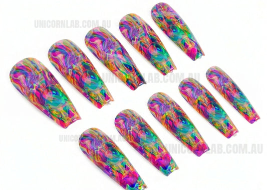 Multicolored tie-dye nail art designs on a white background