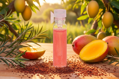 A small clear bottle filled with pink liquid stands on a wooden surface outdoors, surrounded by mangoes, mango halves, rosemary sprigs, and scattered reddish-brown seeds, with a sunlit blurred mango tree in the background.