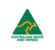 Logo with a green triangle and orange kangaroo silhouette, featuring the text 'Australian Made and Owned'.