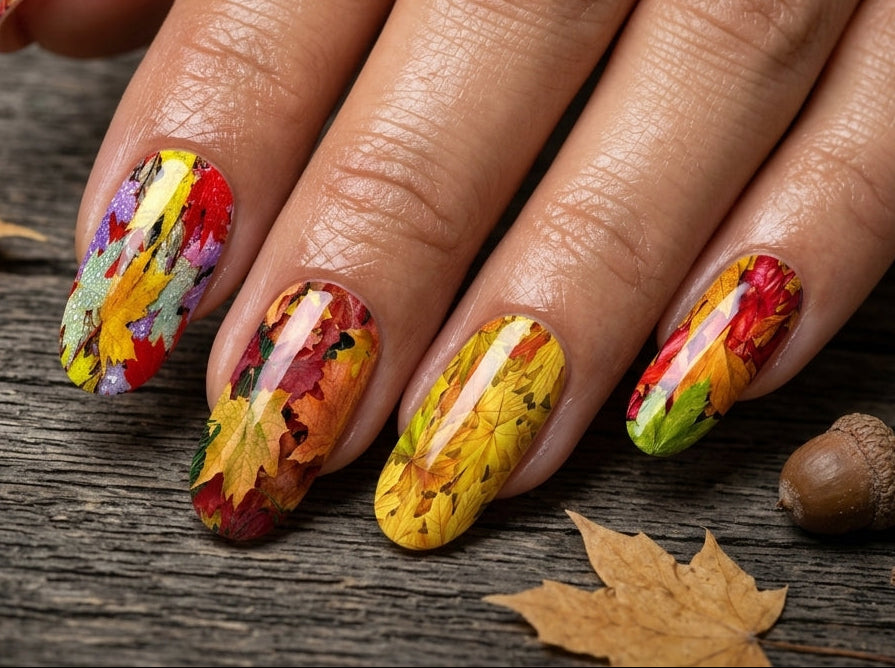 Nail art with autumnal colors on a wooden surface with leaves and acorns.