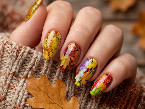Nails with autumn-themed nail art on a hand wearing a textured sleeve with a leaf.