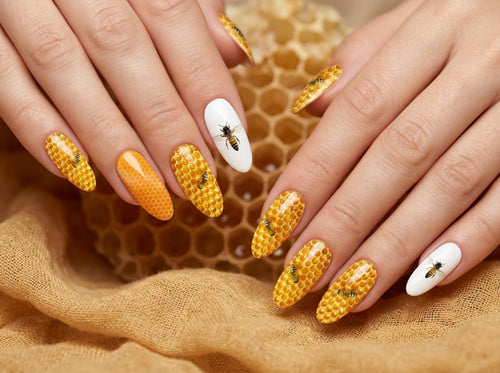 Nails with honeycomb and bee design on a textured fabric background
