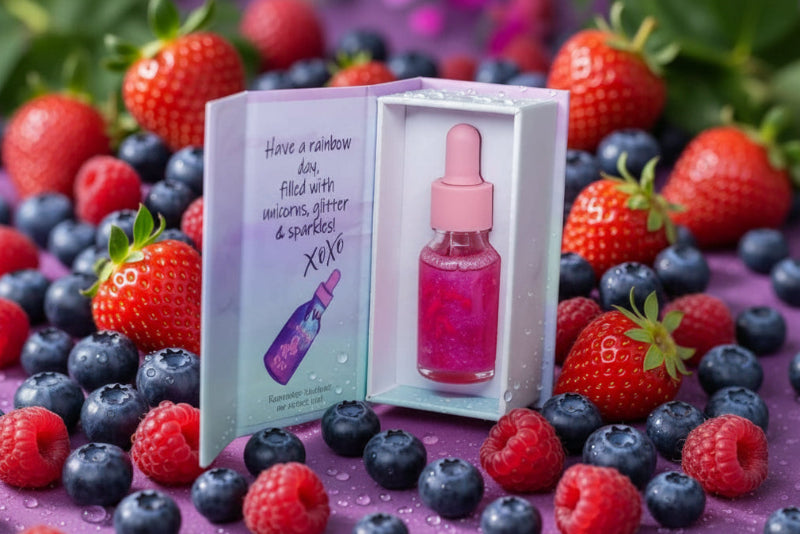 Pink unicorn cuticle oil in gift box surrounded by fresh berries