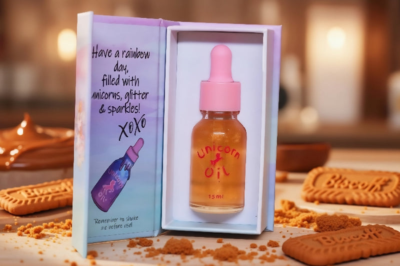 Unicorn oil bottle with pink cap in a decorative box on a table with cookies.