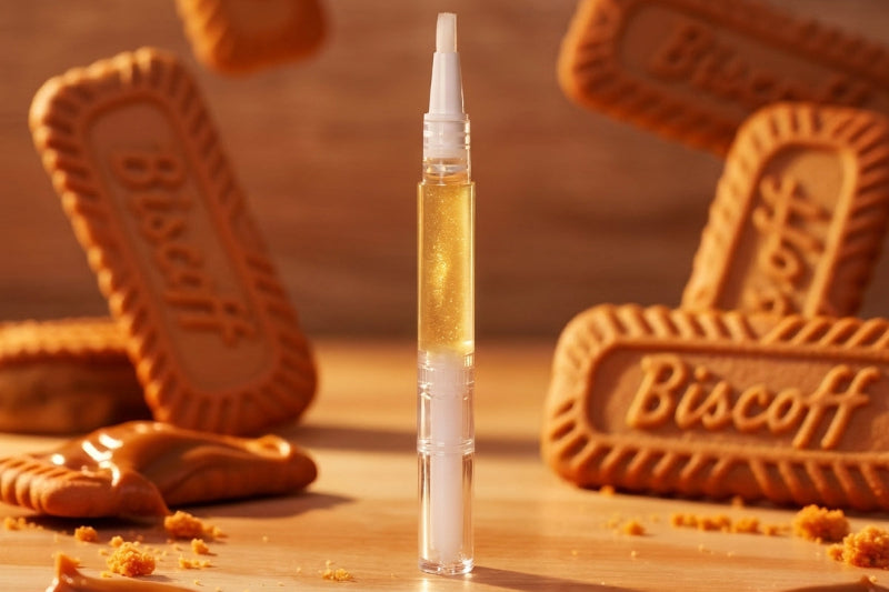A clear cylindrical cosmetic tube filled with golden yellow liquid stands upright on a wooden surface, surrounded by Biscoff cookies and cookie crumbs in a warm, styled setting.