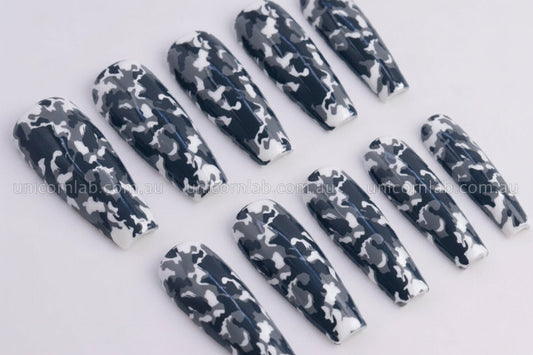 black grey white camouflage waterslide nail art decal on coffin nail - Unicorn Lab