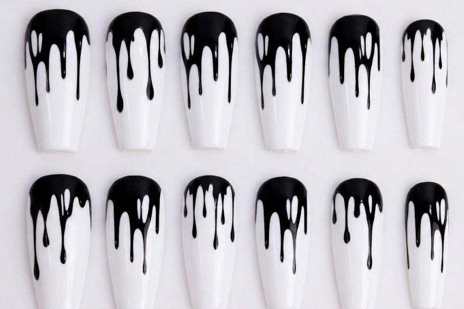 White nails with black drip waterslide decal on a white background - Unicorn Lab
