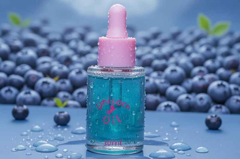 Blue bottle with pink dropper labeled 'Unicorn Oil' on a blue background with blueberries.