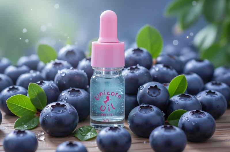 Bottle of 'Unicorn Cuticle Oil' surrounded by blueberries on a wooden surface with green leaves.