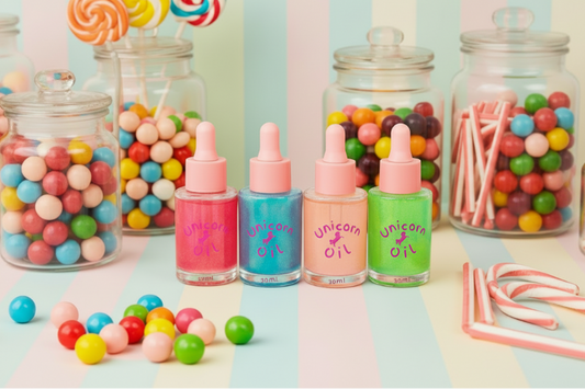 Four bottles of 'Unicorn cuticle Oil' with colorful lids on a table with candy in the background.