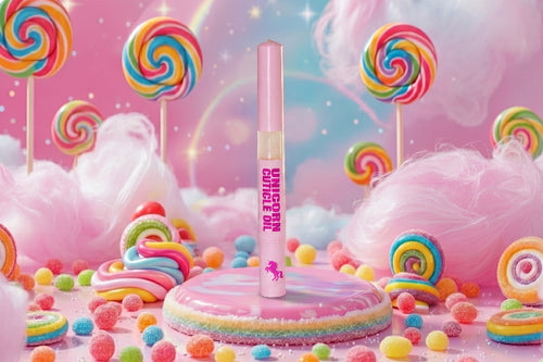 A pink cosmetic tube labeled 'UNICORN ESENCE OIL' stands upright on a round pink candy base, surrounded by pastel cotton candy, rainbow lollipops, colorful gummy candies, and a dreamy pink sky background.