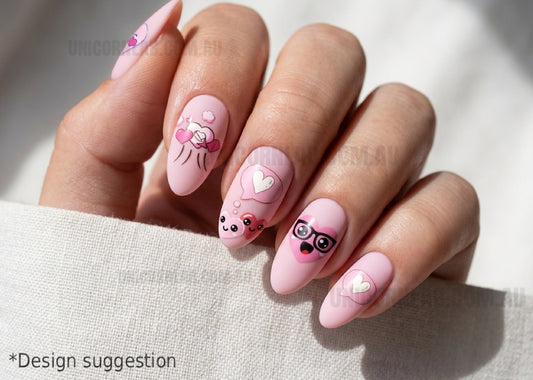 Hand with pink nail art featuring cartoon designs on a light background
