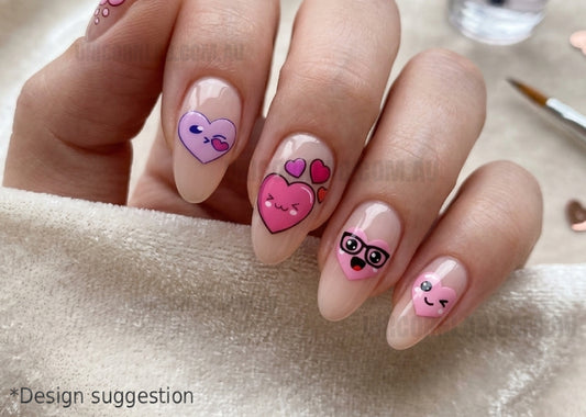 Nails with heart and face designs on a textured surface